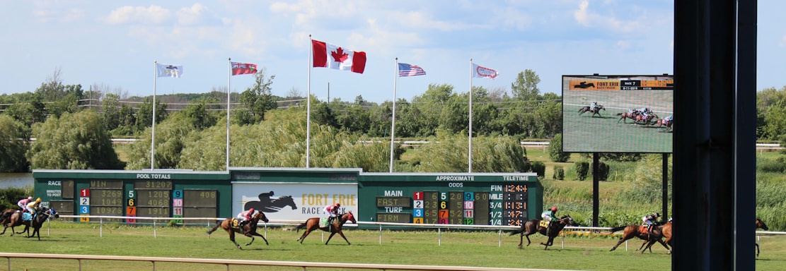 A horse racing event is taking place on a sunny day, with a racecourse surrounded by greenery. Several horses with jockeys are actively racing across the track. Spectators are gathered under shaded canopies in the foreground. Multiple flags, including a prominent Canadian flag, are flying above a scoreboard, and a large screen displays the race.